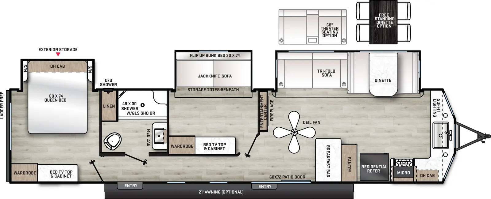 The 39FKTS has three slide outs and two entry doors. Exterior features an optional 21 foot awning. Interior layout front to back: kitchen containing double basin sink, overhead cabinet, microwave cabinet, cook top stove, residential refrigerator, pantry and breakfast bar; off-door side slide out containing dinette and tri-fold sofa (optional theater seating); entertainment center with fireplace along inner wall and ceiling fan; patio door entry; off-door side room with off-door side slide out containing COA cube futon with flip up bunk above, and wardrobe and TV Top and cabinet on opposite wall; off door side full bathroom with medicine cabinet  and linen closet; second entry door; rear bedroom with off door side queen bed slide out with overhead cabinet and night stands on each side, paddle fan, and door side wardrobe and TV Top and cabinet.